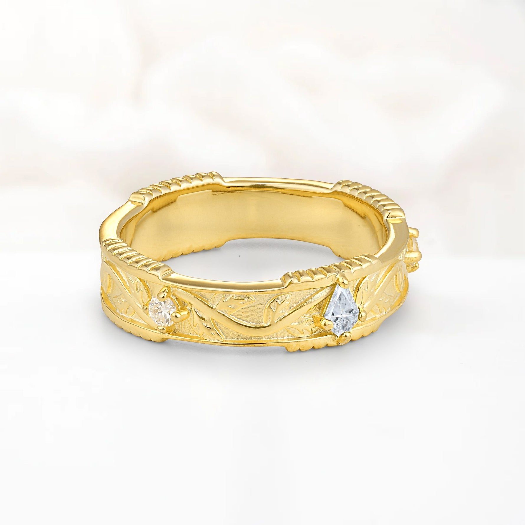 Kite Cut Lab Diamond Leaf Vine Nature-Inspired Men’s Wedding Band - Additional view
