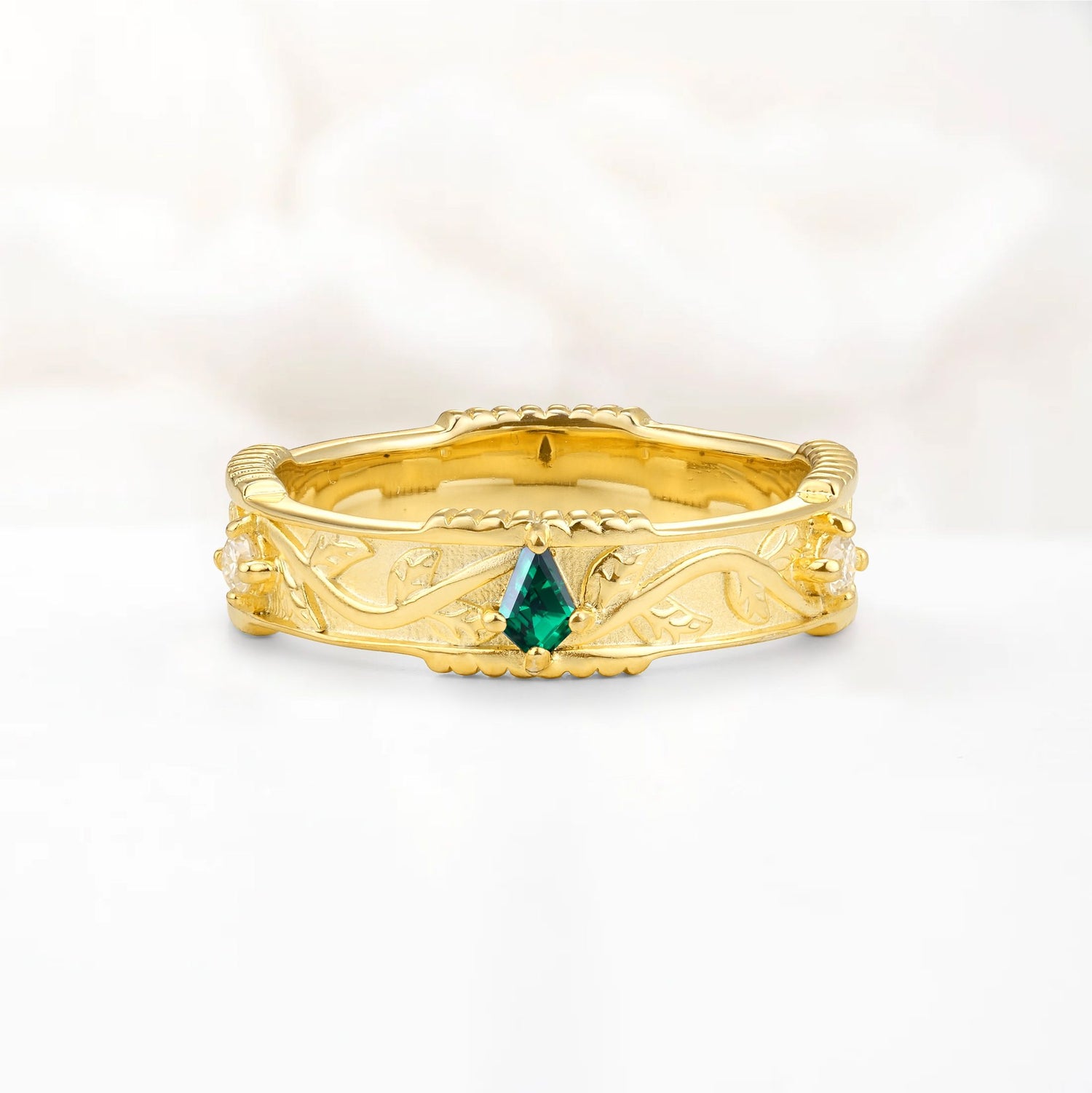 Kite Cut Emerald Leaf Vine Nature-Inspired Men’s Wedding Band - Additional view