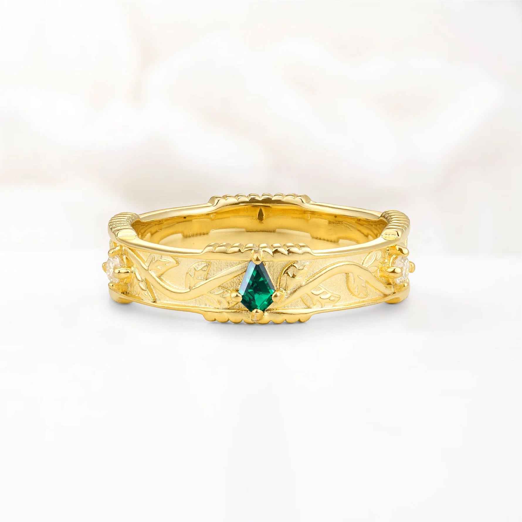 Kite Cut Emerald Leaf Vine Nature-Inspired Men’s Wedding Band - Additional view