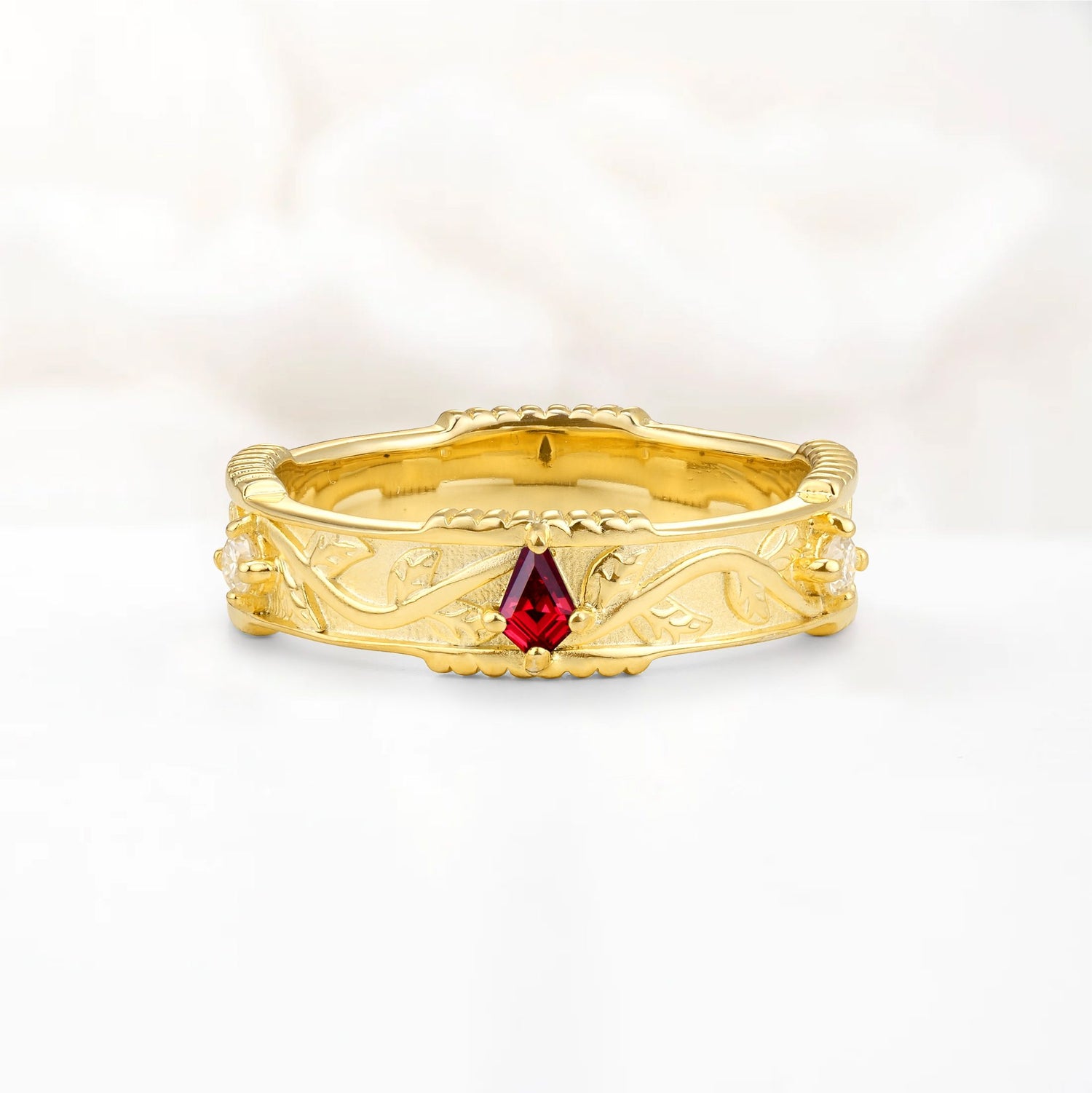 Kite Cut Ruby Leaf Vine Nature-Inspired Men’s Wedding Band - Additional view