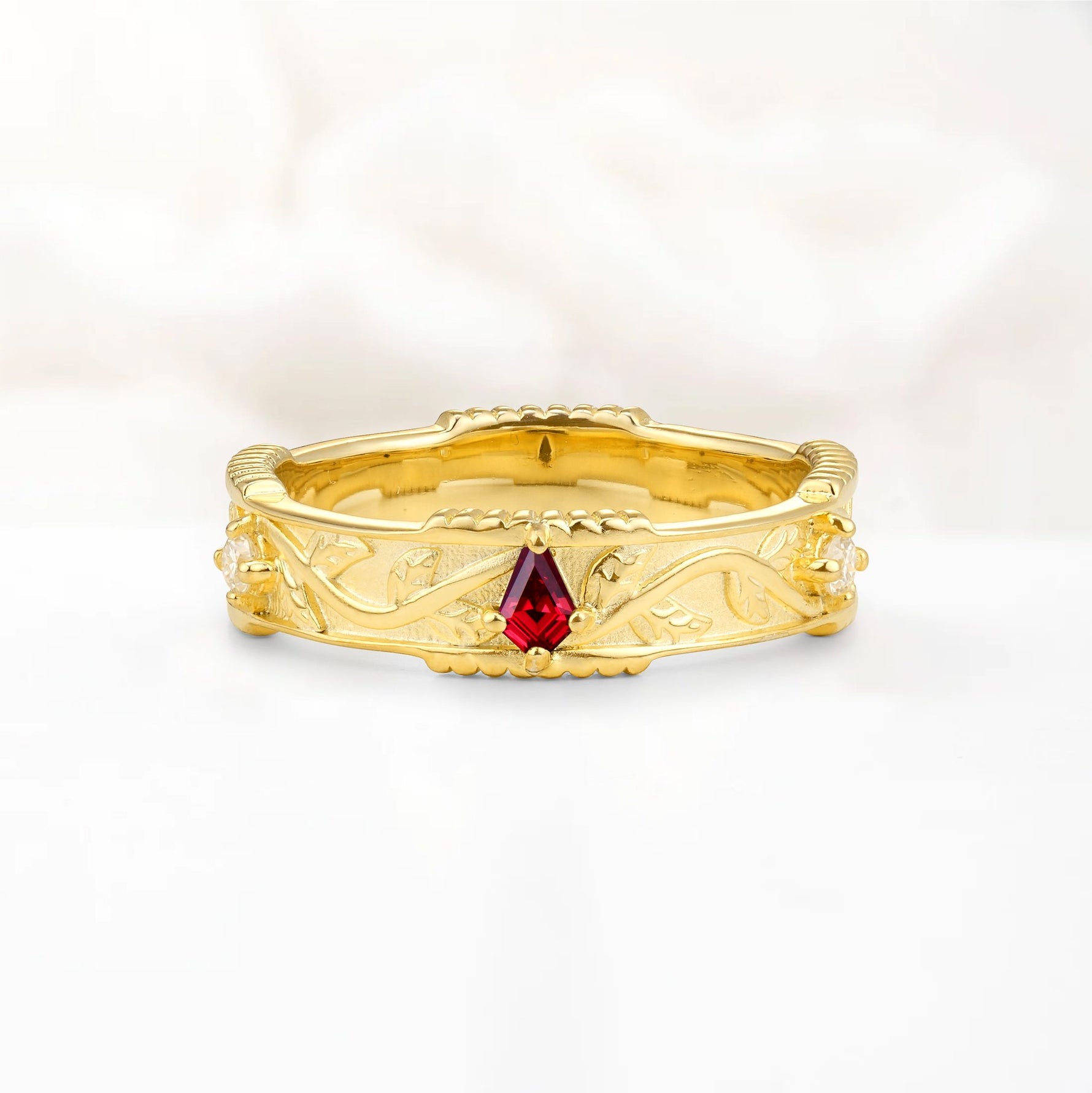Kite Cut Ruby Leaf Vine Nature-Inspired Men’s Wedding Band - Additional view