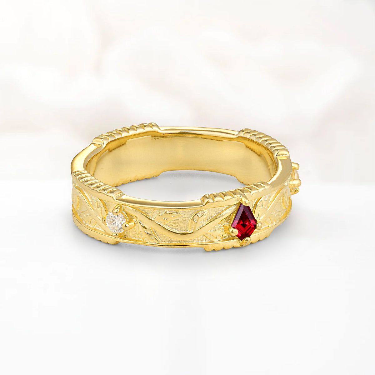 Kite Cut Ruby Leaf Vine Nature-Inspired Men’s Wedding Band - Additional view