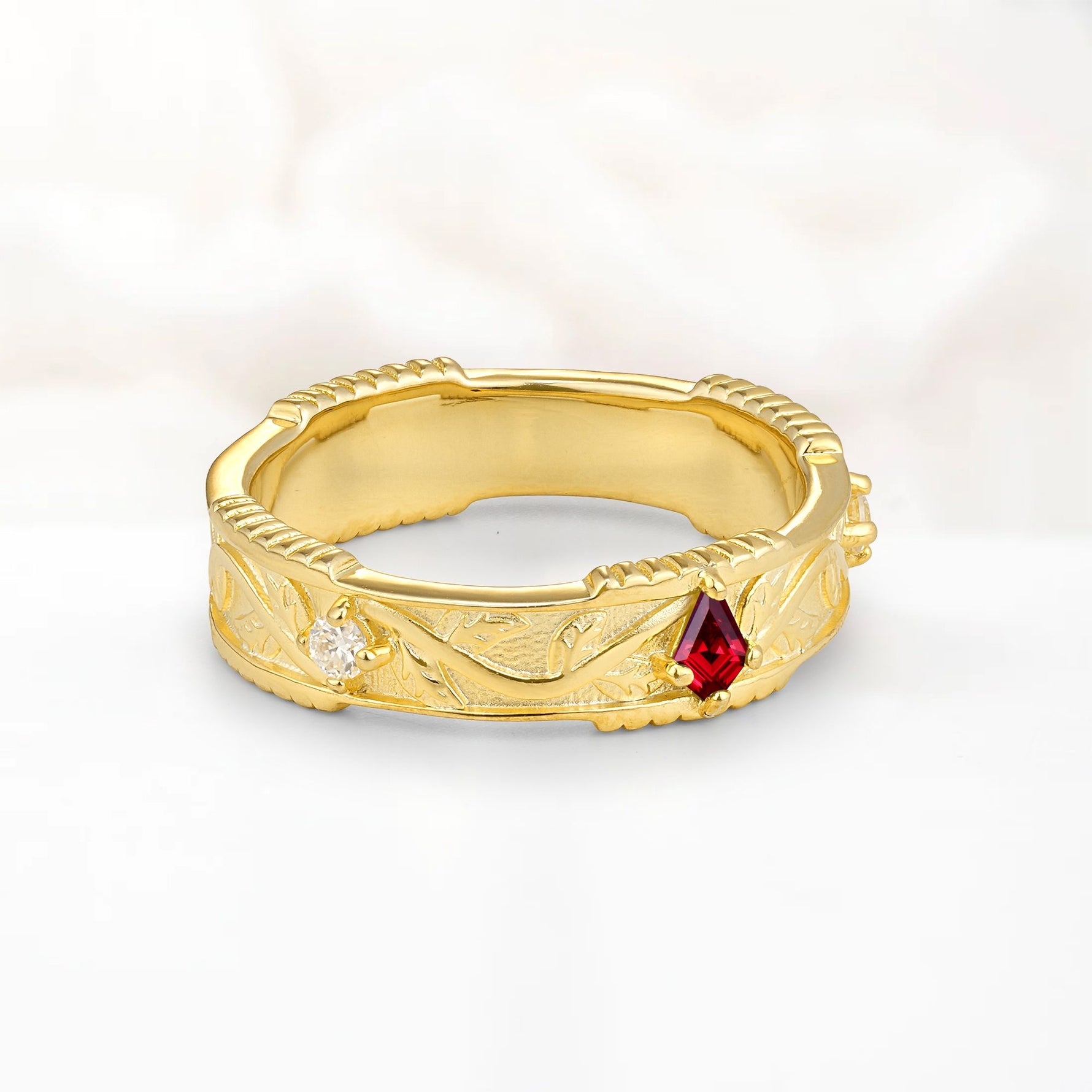 Kite Cut Ruby Leaf Vine Nature-Inspired Men’s Wedding Band - Additional view