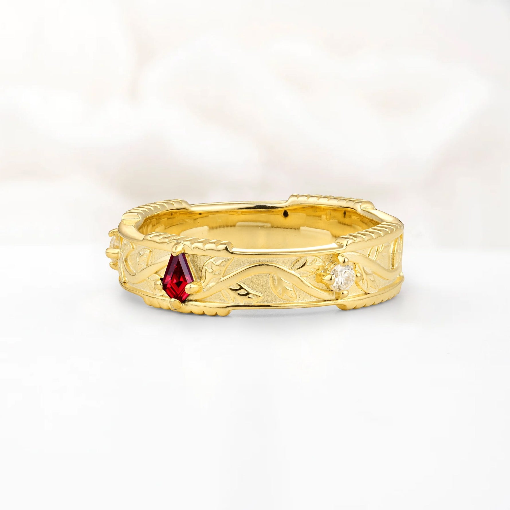Kite Cut Ruby Leaf Vine Nature-Inspired Men’s Wedding Band - Additional view