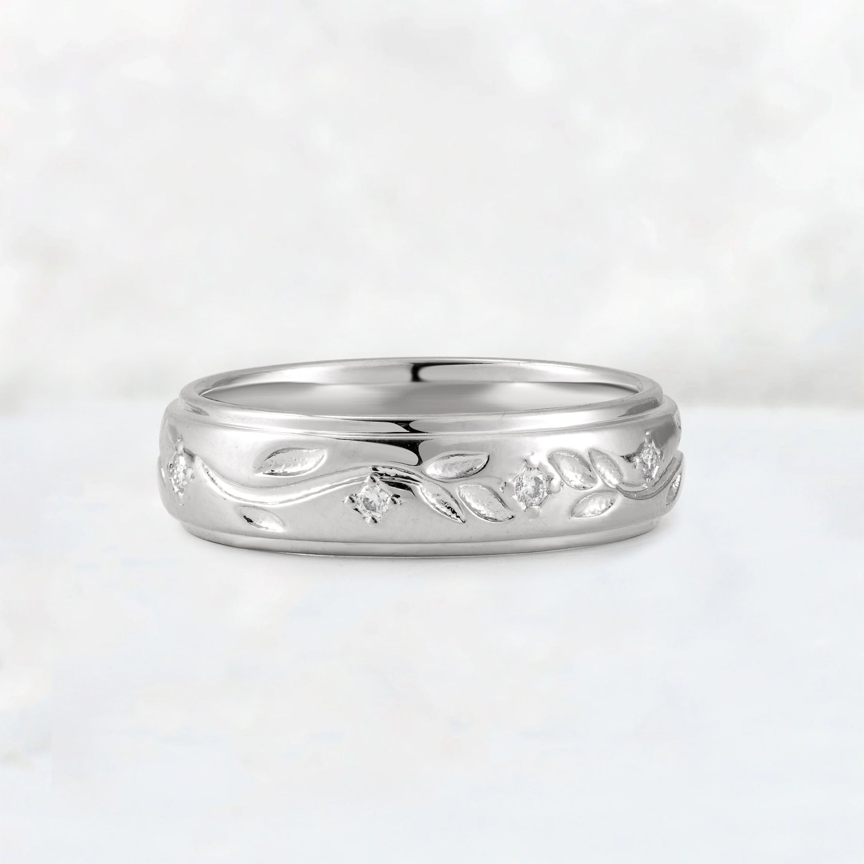 Round Cut Moissanite Vine Engraved Men’s Wedding Band - Additional view