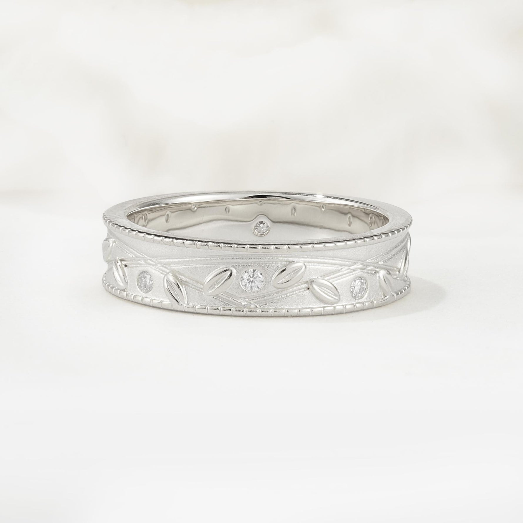 Nature-Inspired Engraved Leaf Vine Wedding Band with Round Cut Moissanite Accents - Additional view