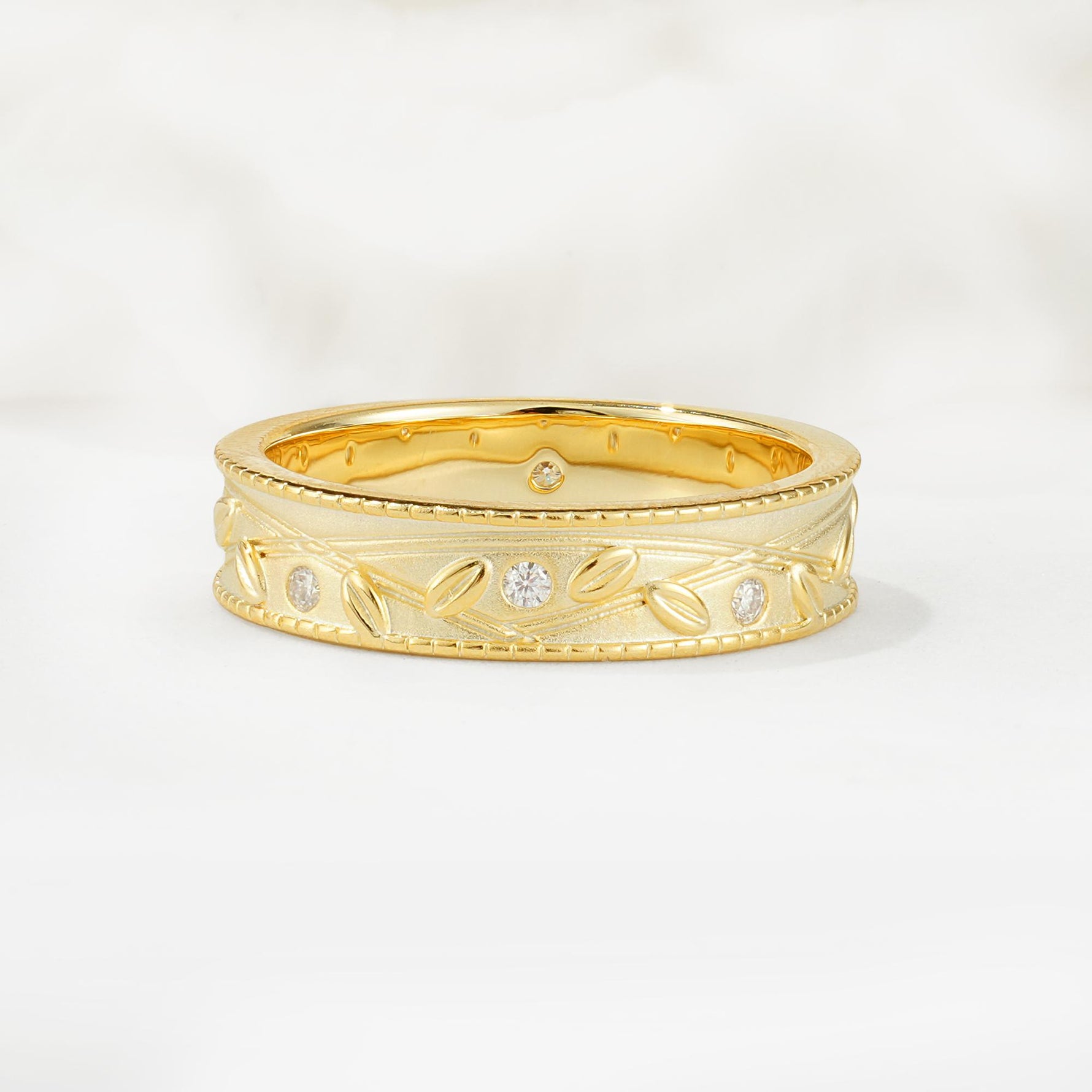 Nature-Inspired Engraved Leaf Vine Wedding Band with Round Cut Moissanite Accents - Additional view