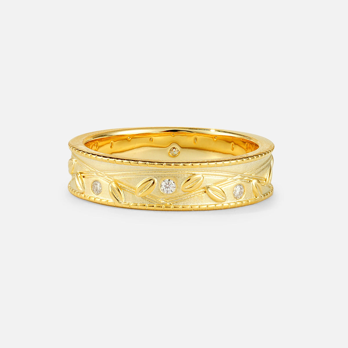 Nature-Inspired Engraved Leaf Vine Wedding Band with Round Cut Moissanite Accents - Additional view