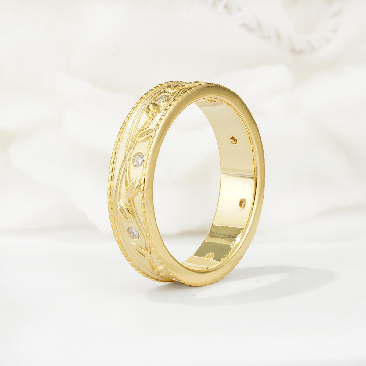 Nature-Inspired Engraved Leaf Vine Wedding Band with Round Cut Moissanite Accents - Additional view