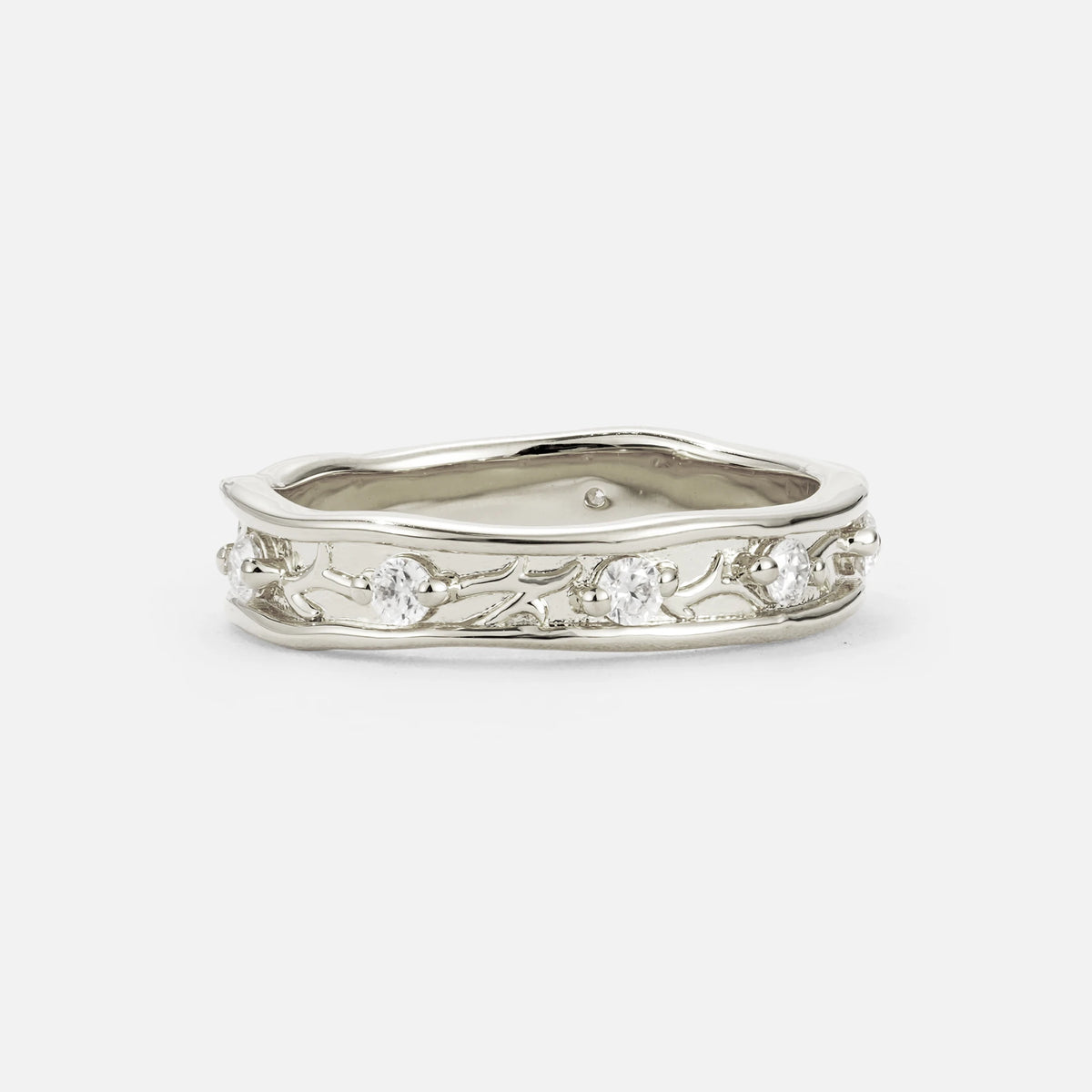 Round Moissanite Vine Wedding Band with Openwork Leaf Design - Additional view