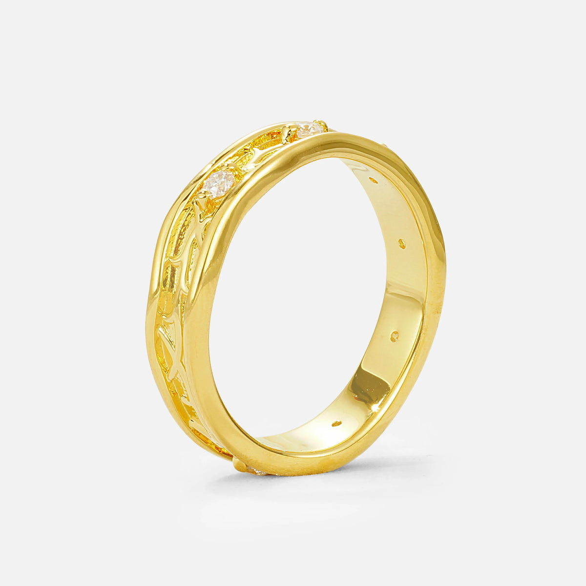 Round Moissanite Vine Wedding Band with Openwork Leaf Design - Additional view
