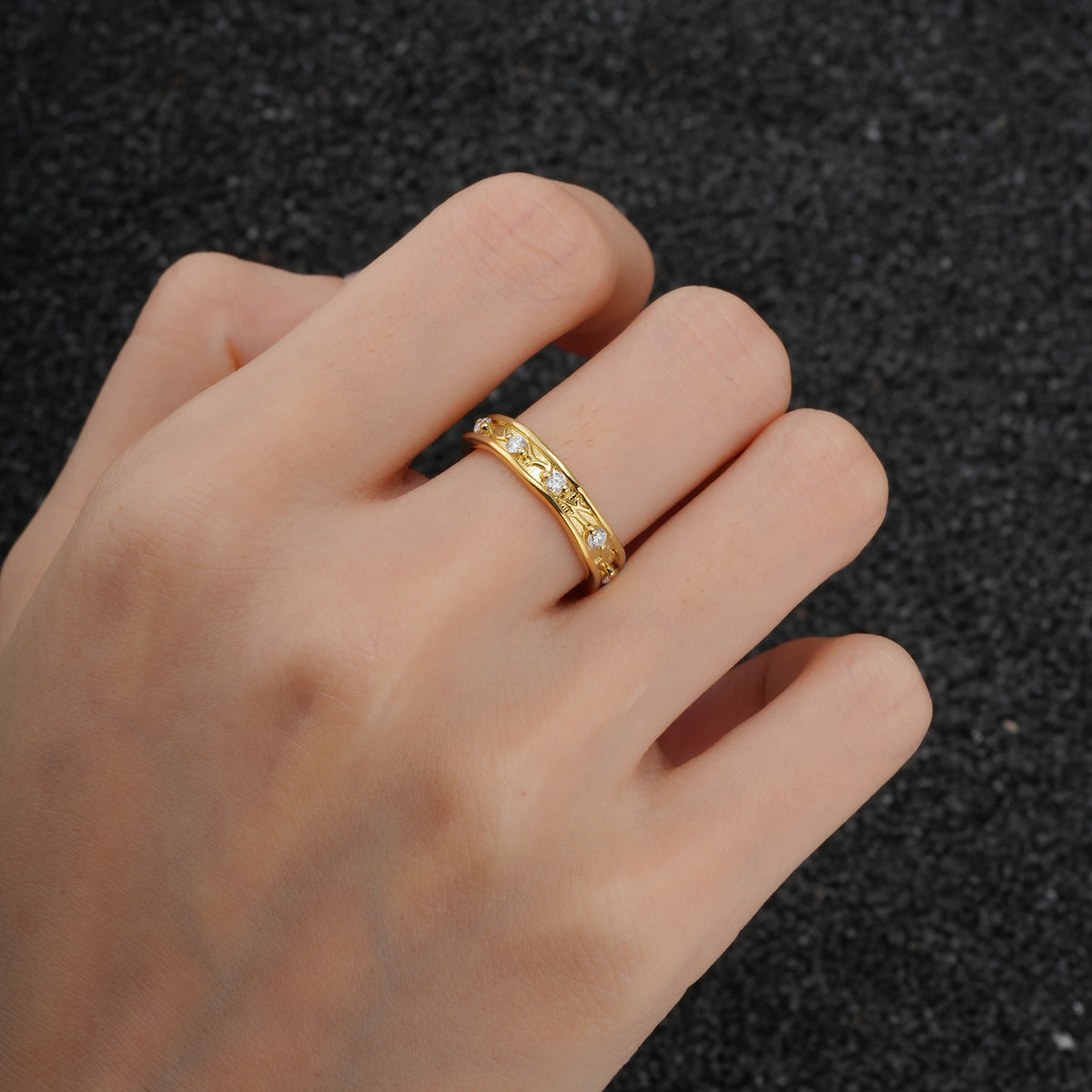 Round Moissanite Vine Wedding Band with Openwork Leaf Design - Additional view