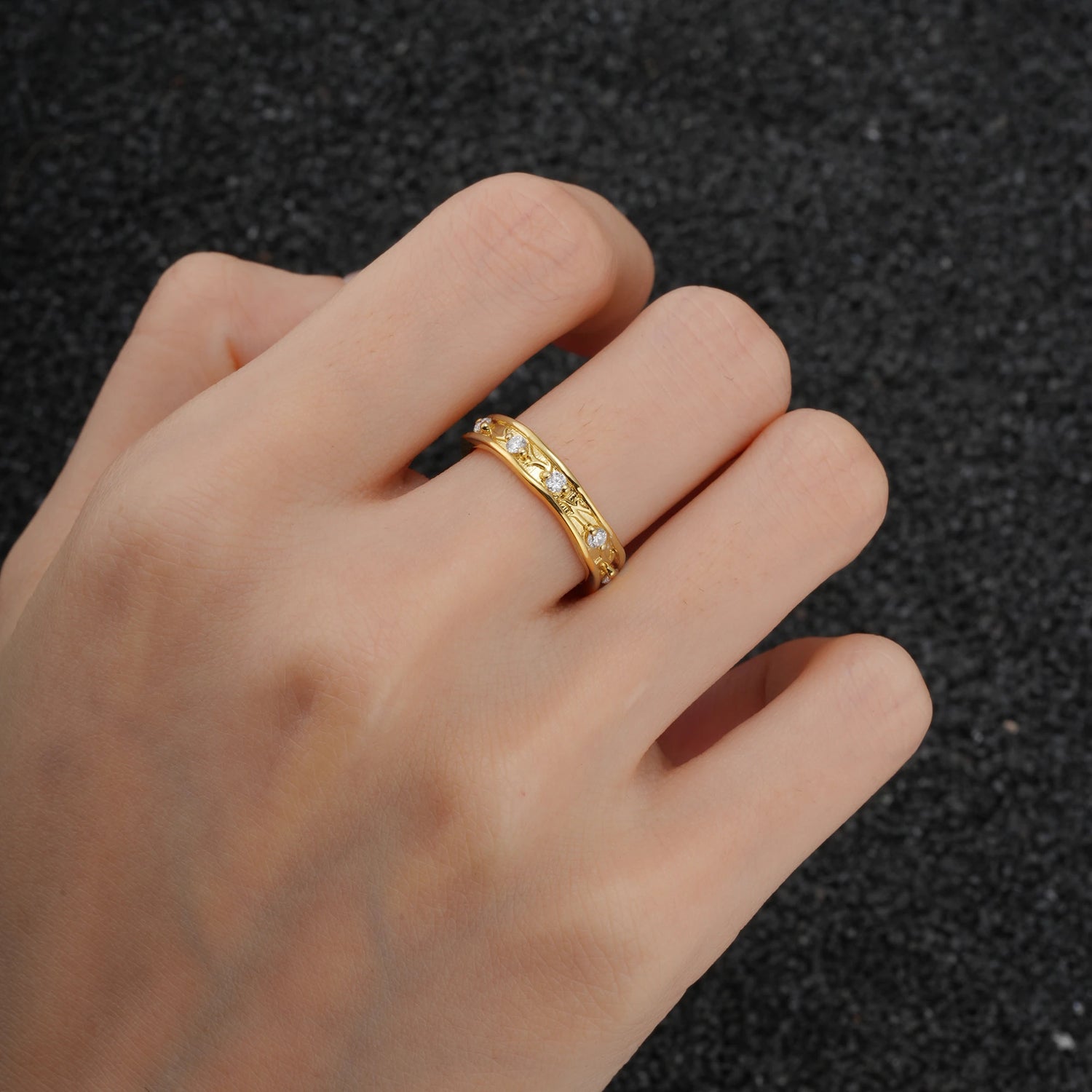 Round Moissanite Vine Wedding Band with Openwork Leaf Design - Additional view