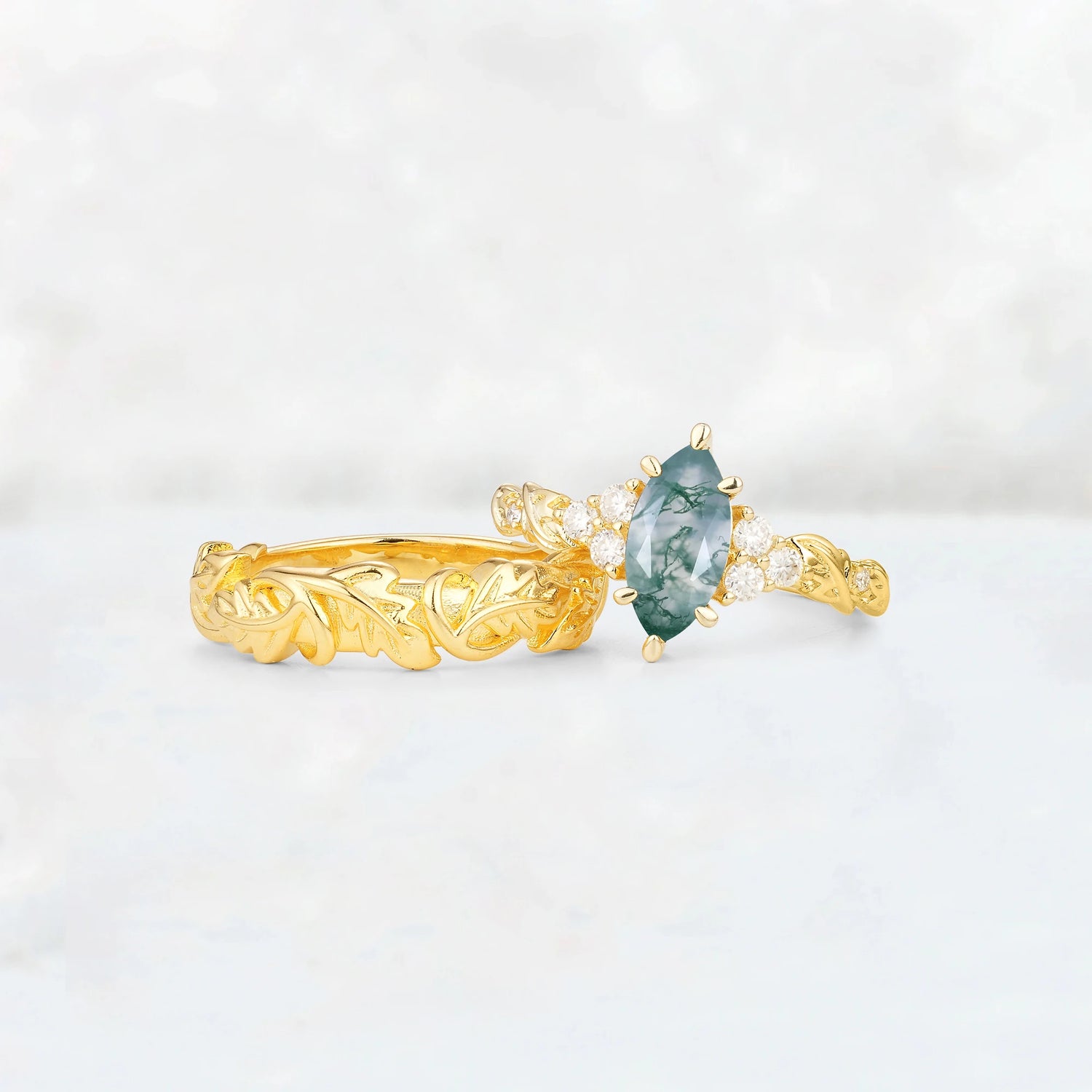 Nature-Inspired Marquise Moss Agate His and Hers Couple Ring