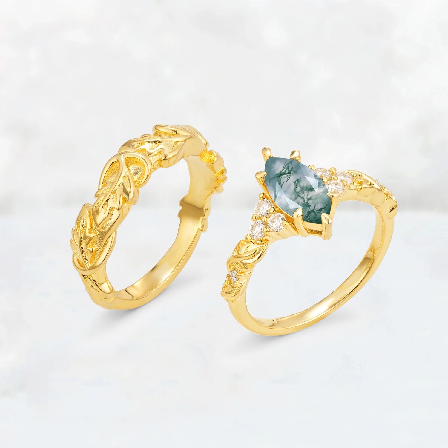 Nature-Inspired Marquise Moss Agate His and Hers Couple Ring