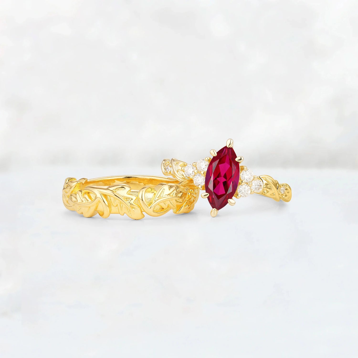 Nature-Inspired Marquise Ruby His and Hers Couple Ring