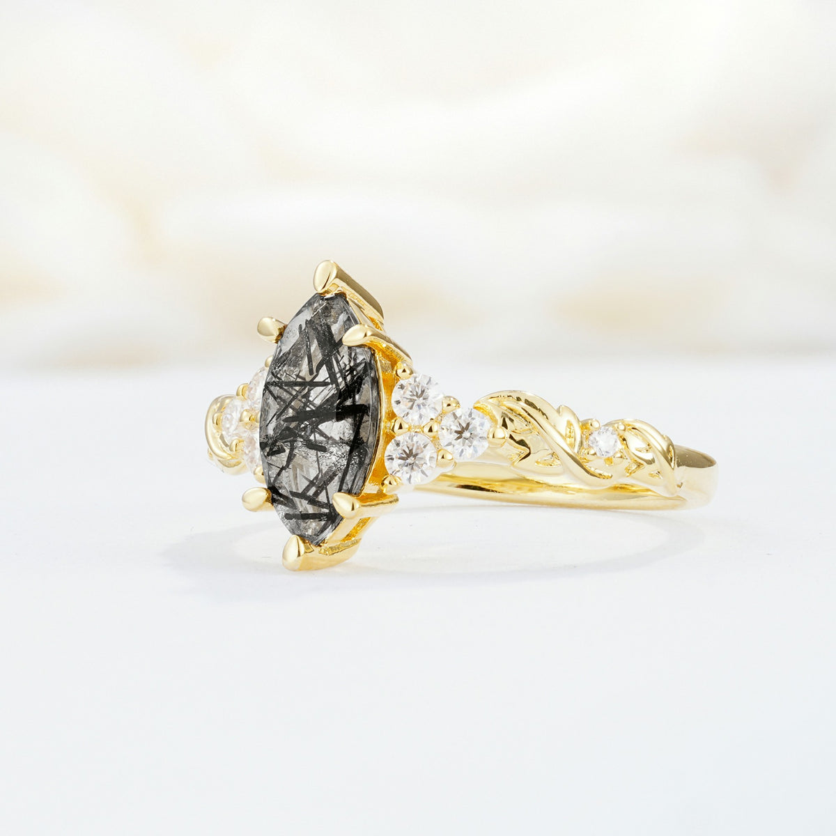 SR17467 Black Rutilated Quartz Ring - White-Gold