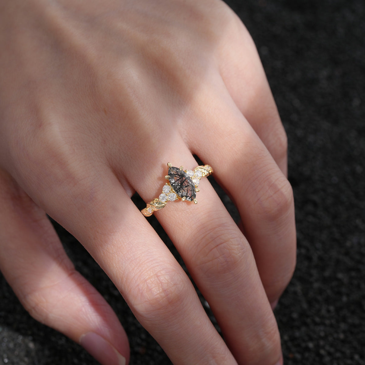 SR17467 Black Rutilated Quartz Ring - Rose-Gold