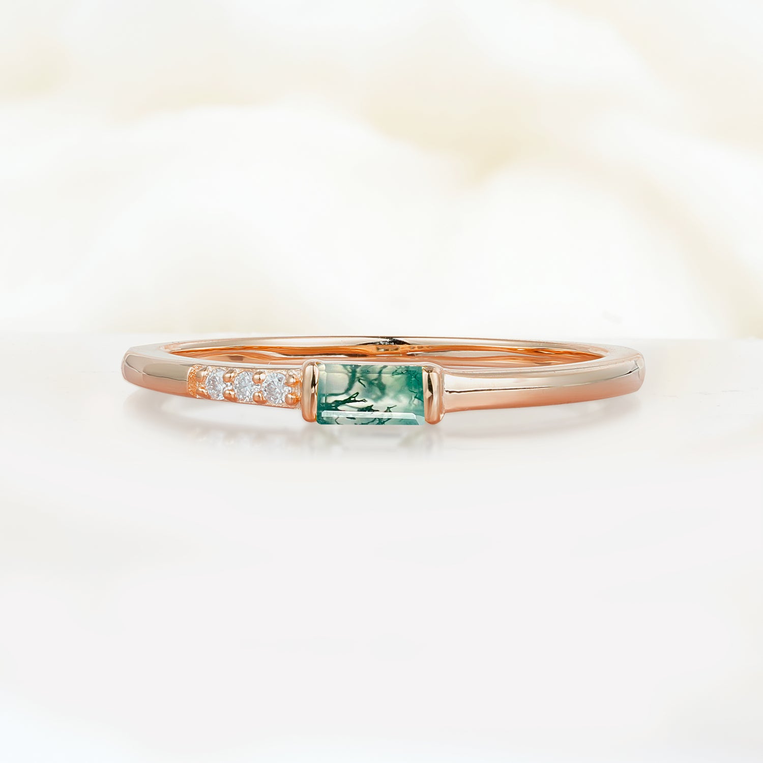 Elegant Emerald Cut Moss Agate Engagement Ring