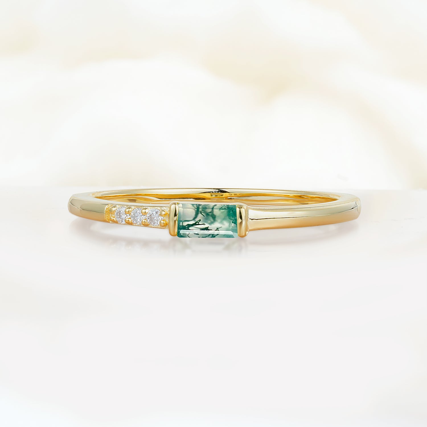 Elegant Emerald Cut Moss Agate Engagement Ring
