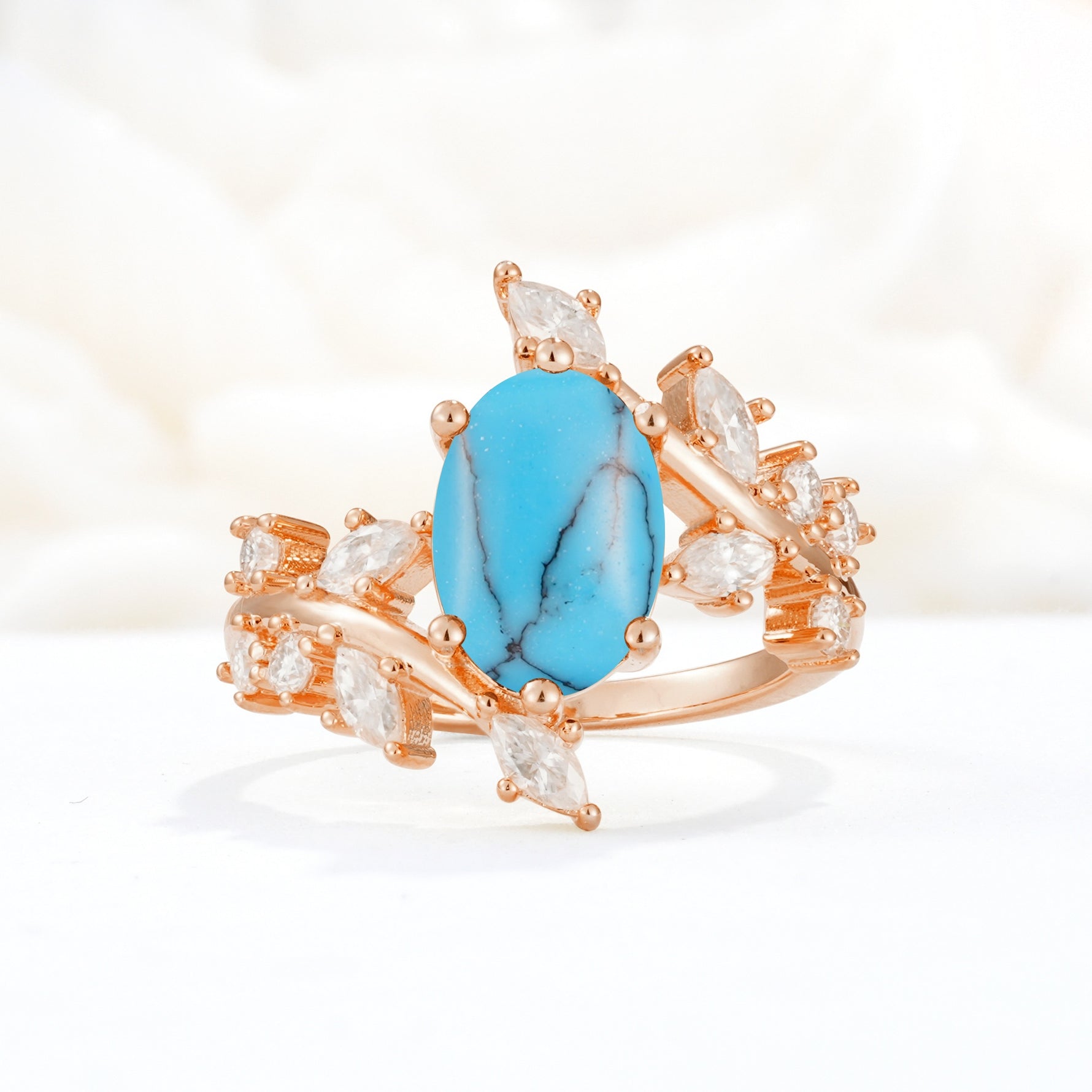Romantic Oval Cut Marquise Leaf Cluster Turquoise Engagement Ring - Additional view