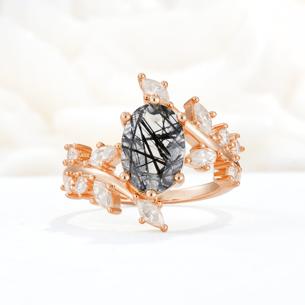 Romantic Oval Cut Marquise Leaf Cluster Black Rutilated Quartz Engagement Ring - Additional view