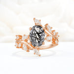 Romantic Oval Cut Marquise Leaf Cluster Black Rutilated Quartz Engagement Ring - Additional view