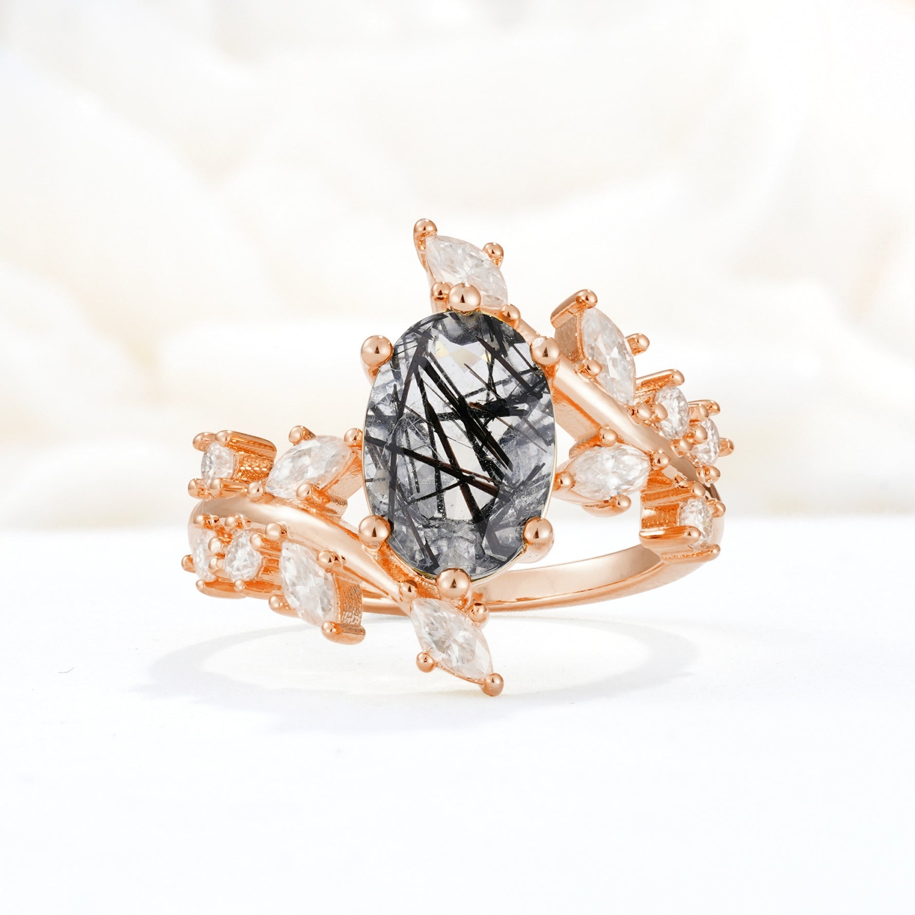 Romantic Oval Cut Marquise Leaf Cluster Black Rutilated Quartz Engagement Ring - Additional view