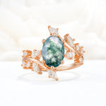 Romantic Oval Cut Marquise Leaf Cluster Moss Agate Engagement Ring - Additional view