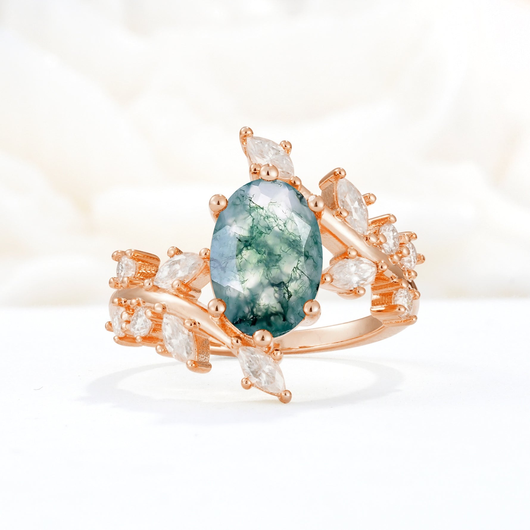 Romantic Oval Cut Marquise Leaf Cluster Moss Agate Engagement Ring - Additional view