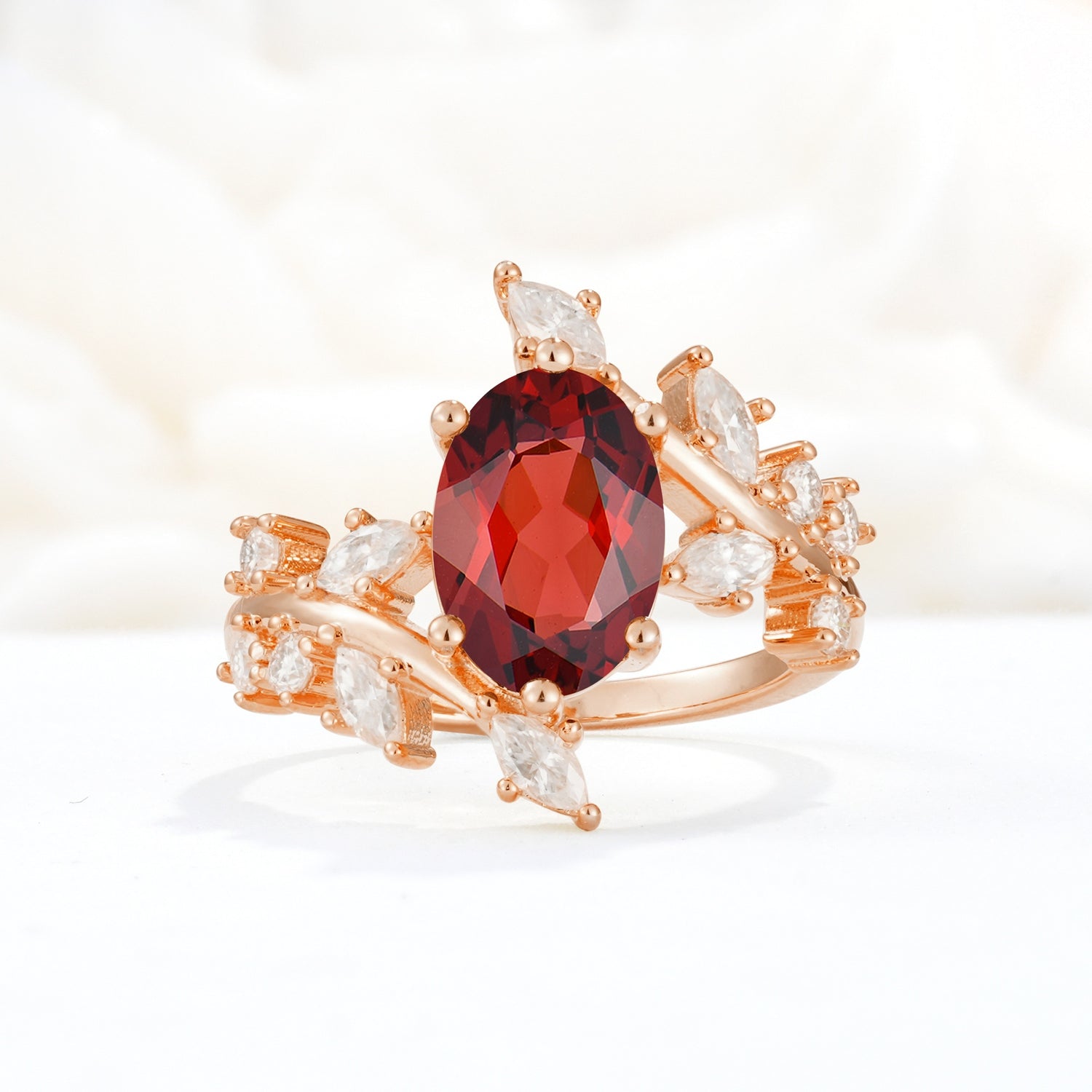 Romantic Oval Cut Marquise Leaf Cluster Garnet Engagement Ring - Additional view