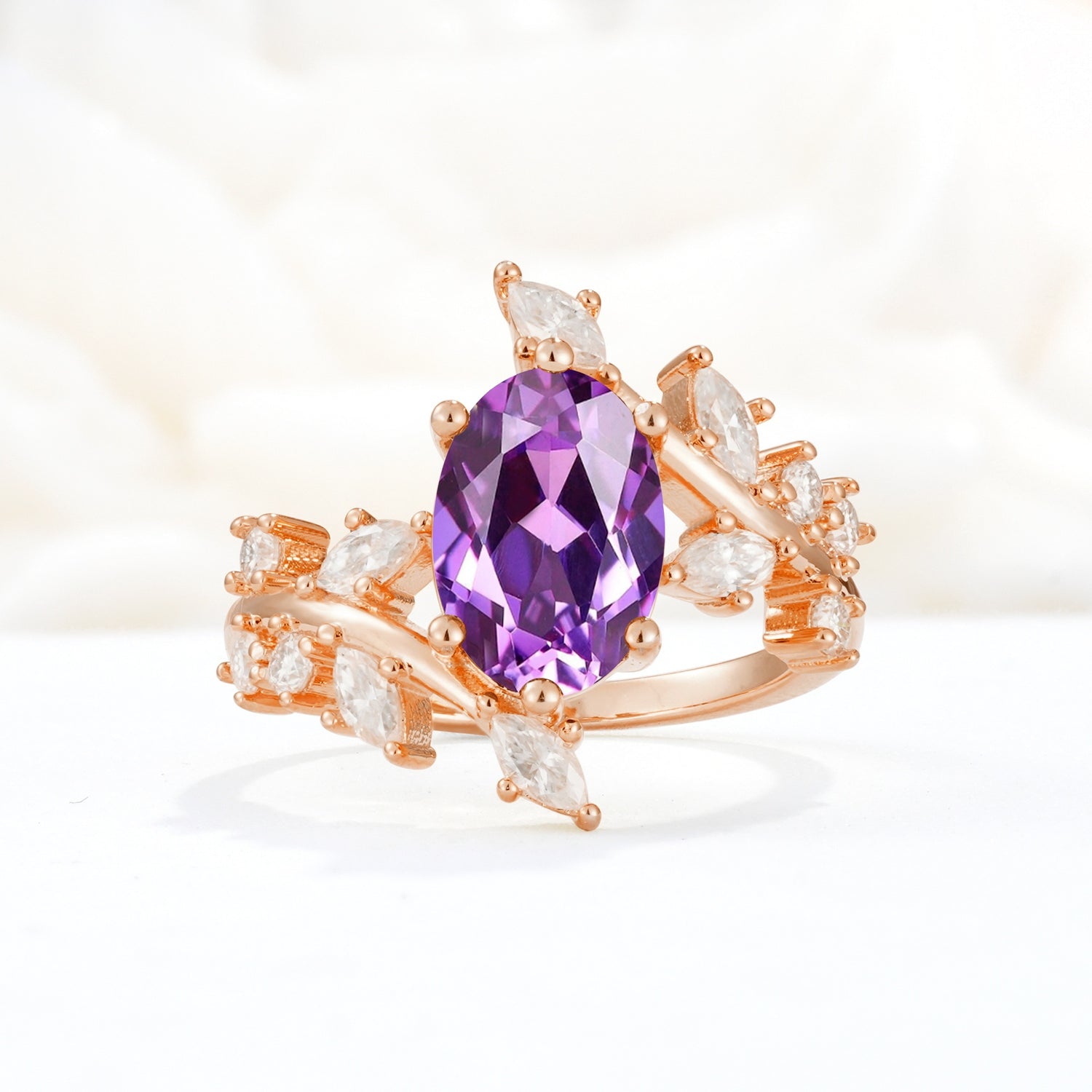 Romantic Oval Cut Marquise Leaf Cluster Amethyst Engagement Ring - Additional view
