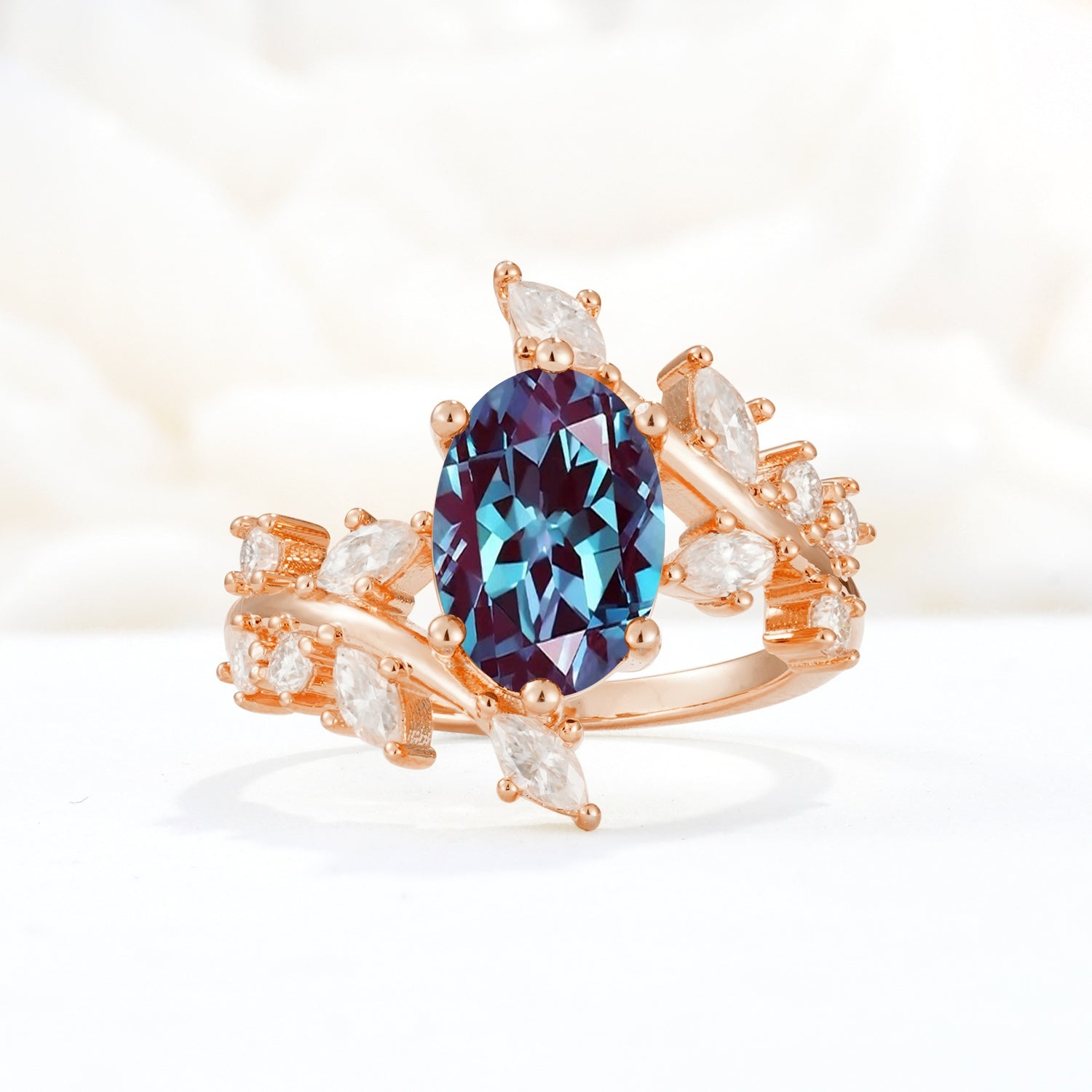 Romantic Oval Cut Marquise Leaf Cluster Alexandrite Engagement Ring - Additional view
