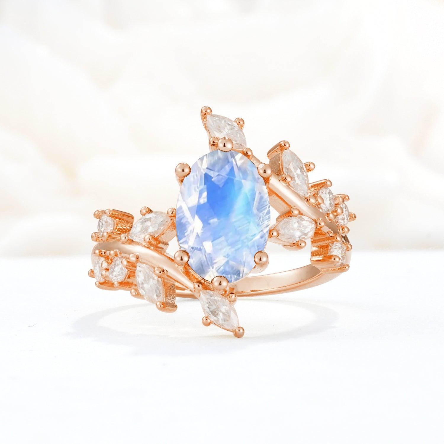 Romantic Oval Cut Marquise Leaf Cluster Moonstone Engagement Ring - Additional view