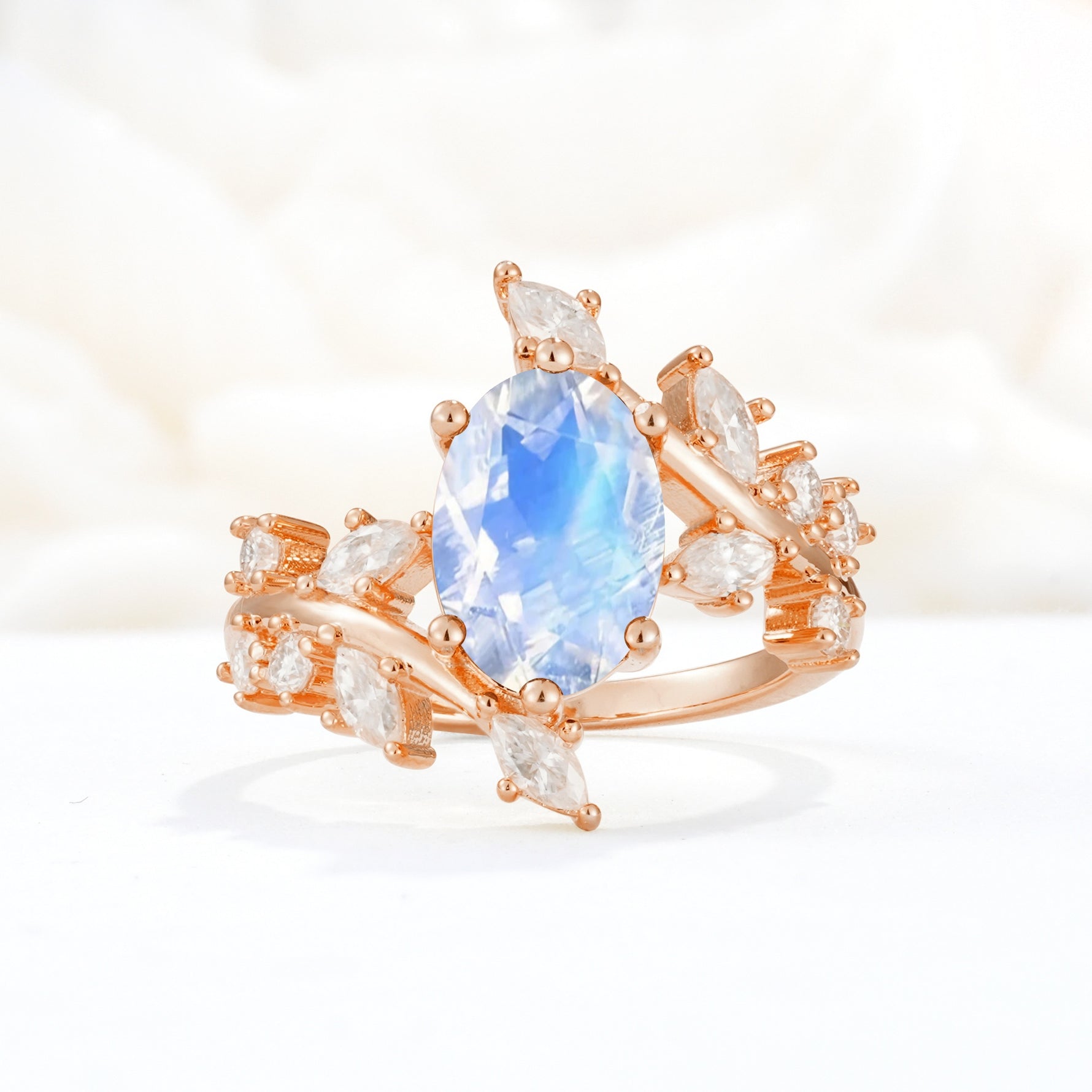 Romantic Oval Cut Marquise Leaf Cluster Moonstone Engagement Ring - Additional view