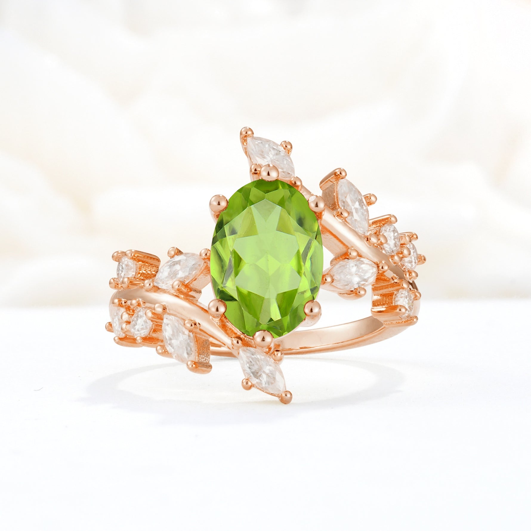 Romantic Oval Cut Marquise Leaf Cluster Peridot Engagement Ring - Additional view