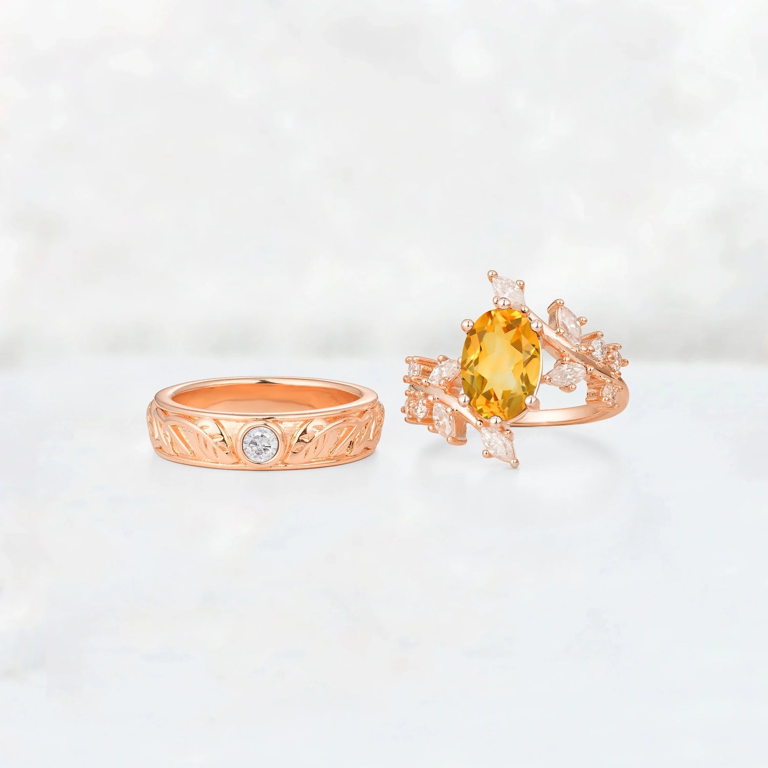 Nature-Inspired Oval Citrine Leaf His and Hers Couple Ring