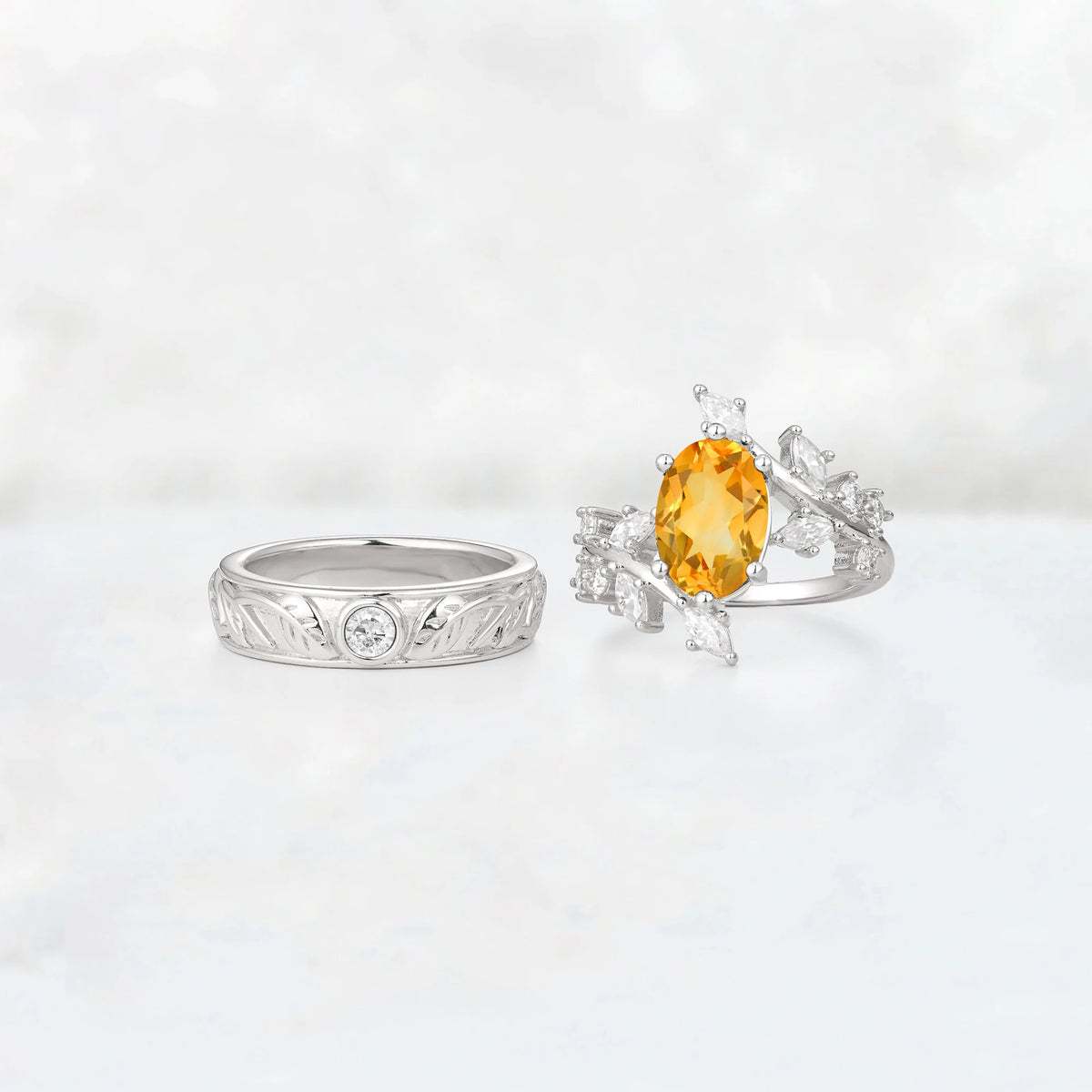 Nature-Inspired Oval Citrine Leaf His and Hers Couple Ring