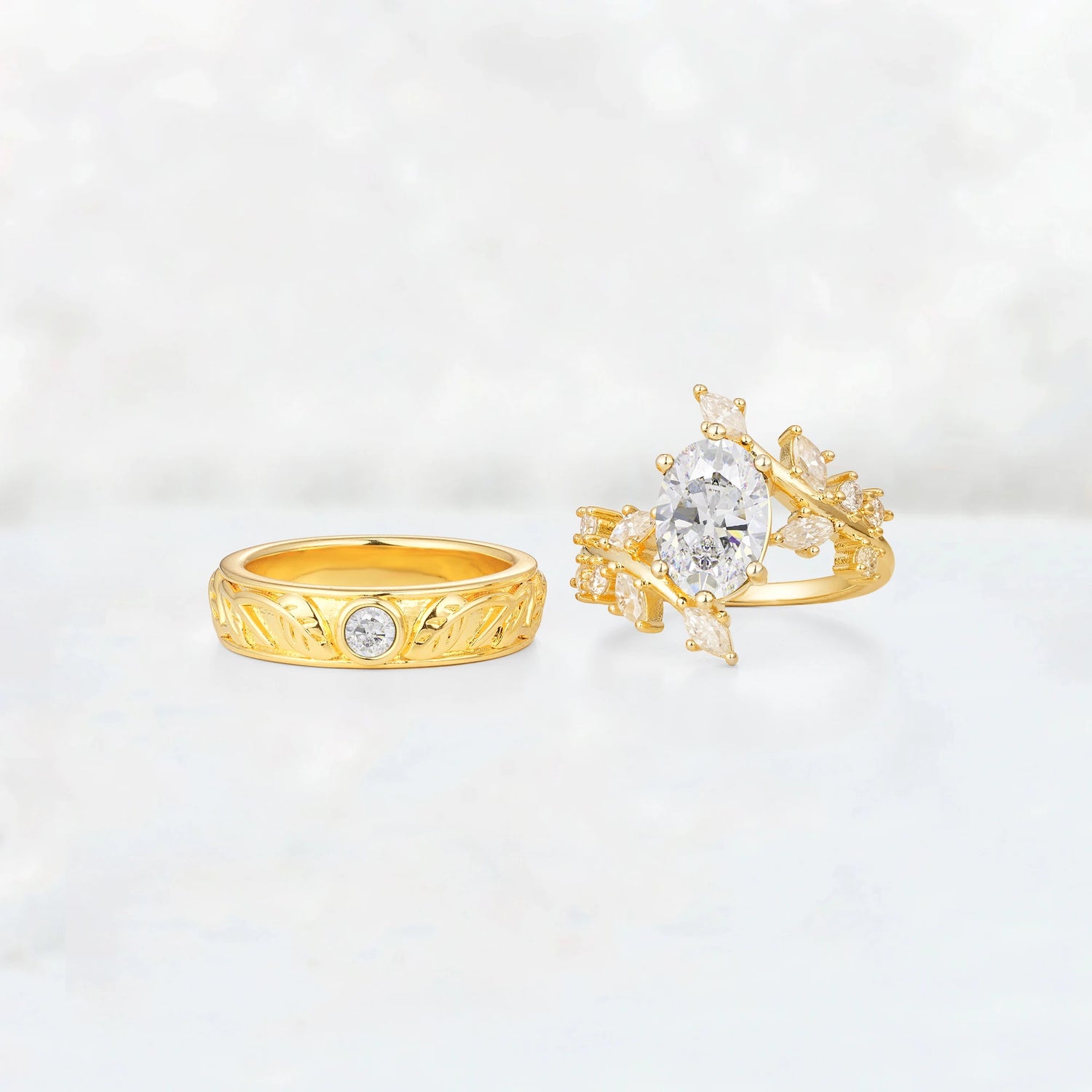 Nature-Inspired Oval Moissanite Leaf His and Hers Couple Ring