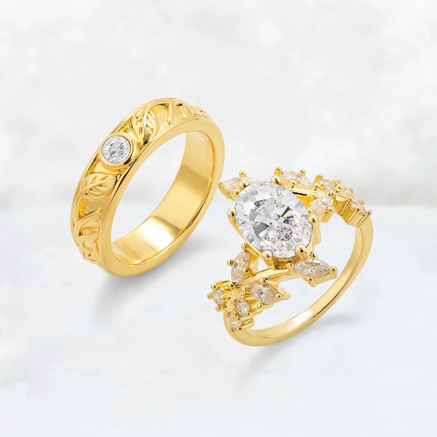 Nature-Inspired Oval Moissanite Leaf His and Hers Couple Ring