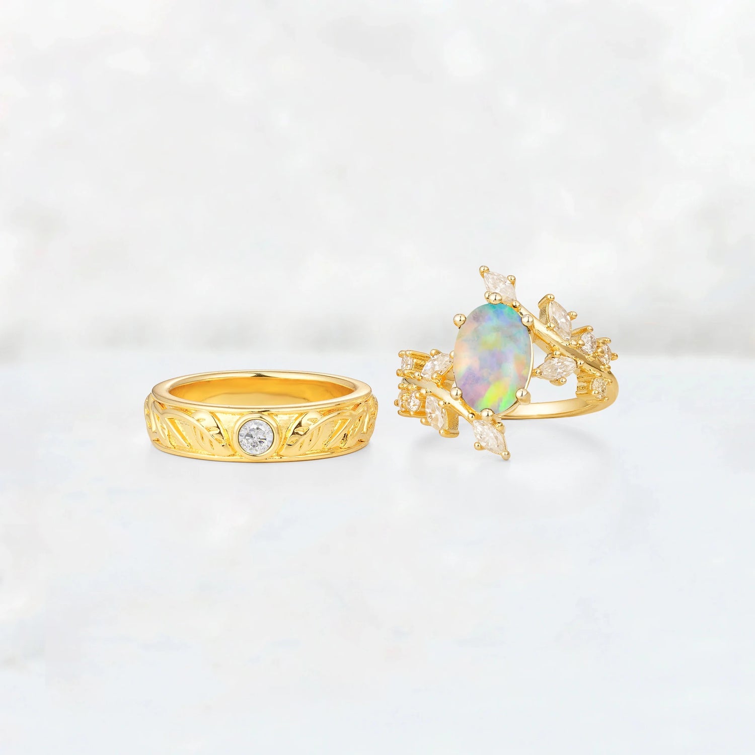 Nature-Inspired Oval Opal Leaf His and Hers Couple Ring