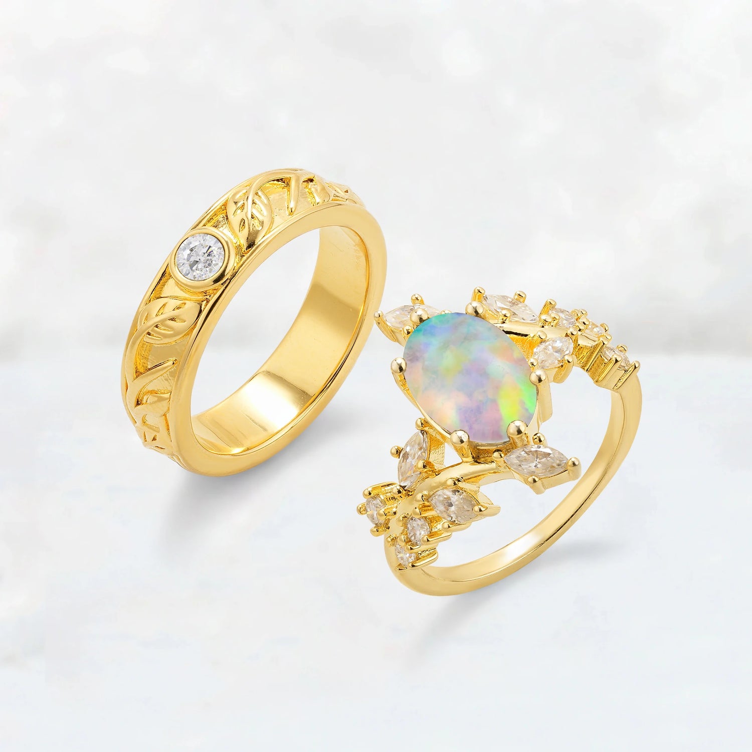 Nature-Inspired Oval Opal Leaf His and Hers Couple Ring