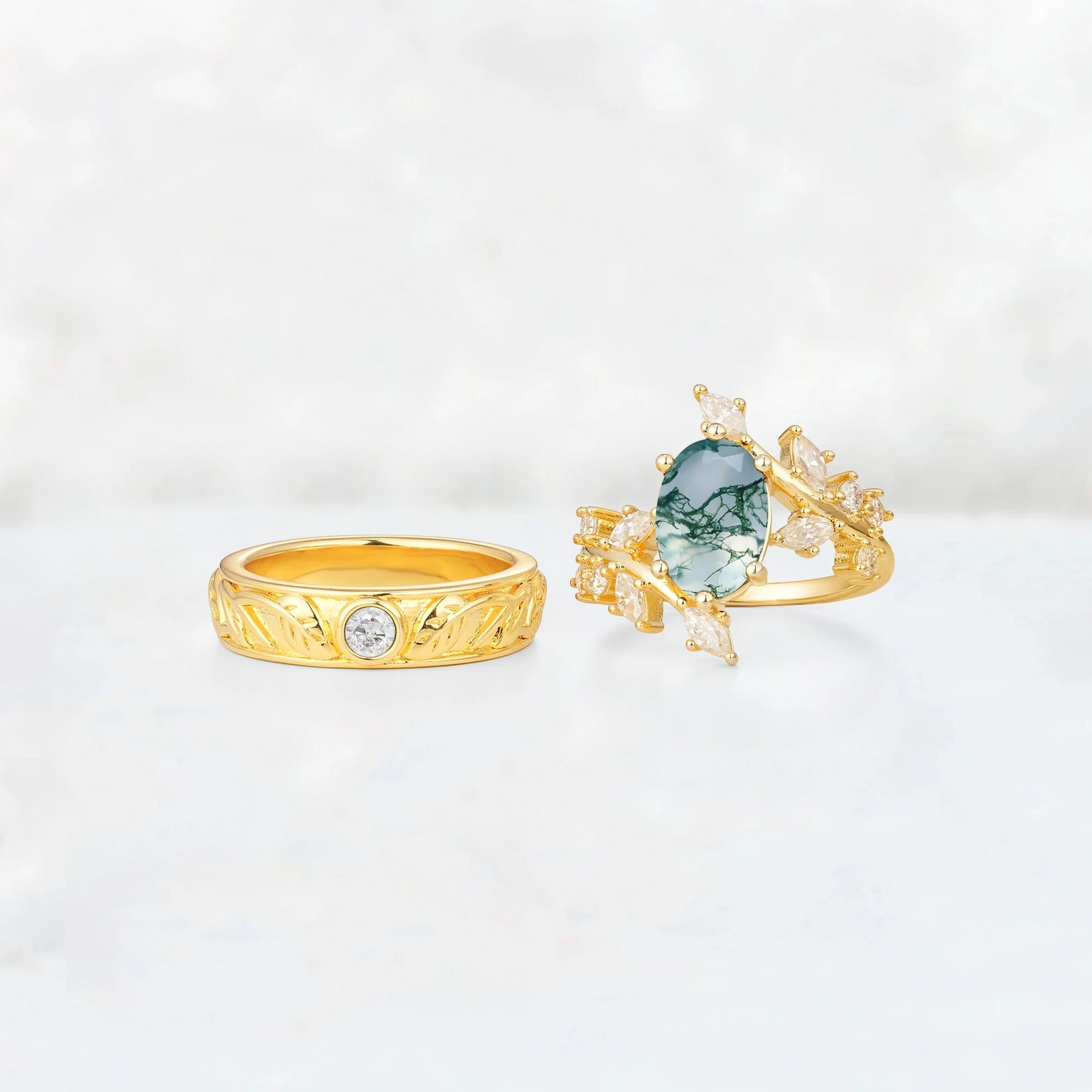 Nature-Inspired Oval Moss Agate Leaf His and Hers Couple Ring
