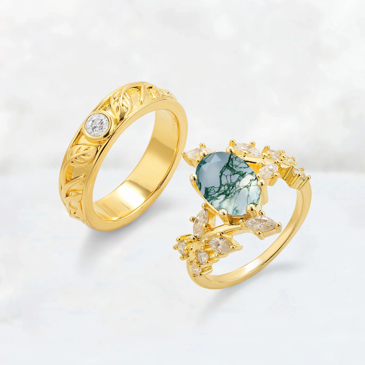 Nature-Inspired Oval Moss Agate Leaf His and Hers Couple Ring
