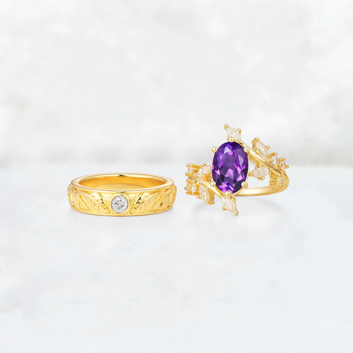 Nature-Inspired Oval Amethyst Leaf His and Hers Couple Ring