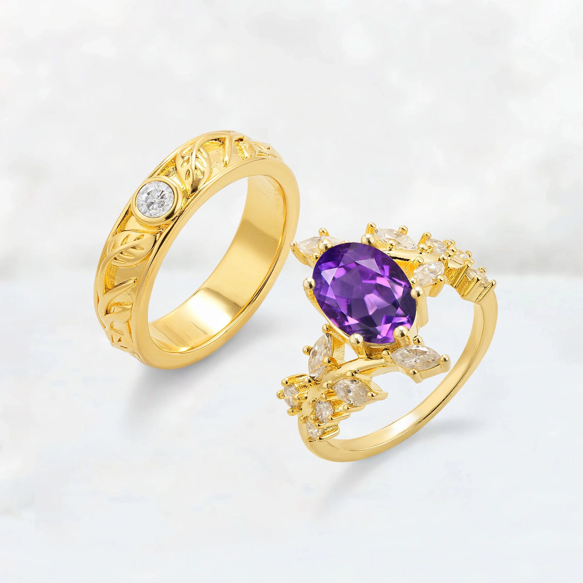 Nature-Inspired Oval Amethyst Leaf His and Hers Couple Ring
