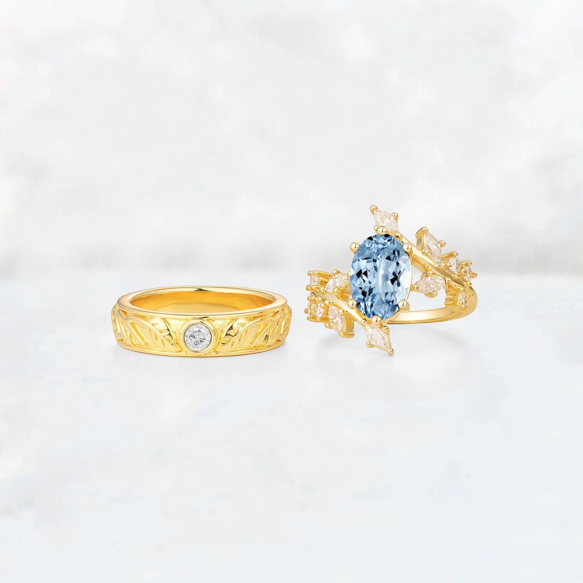 Nature-Inspired Oval Aquamarine Leaf His and Hers Couple Ring