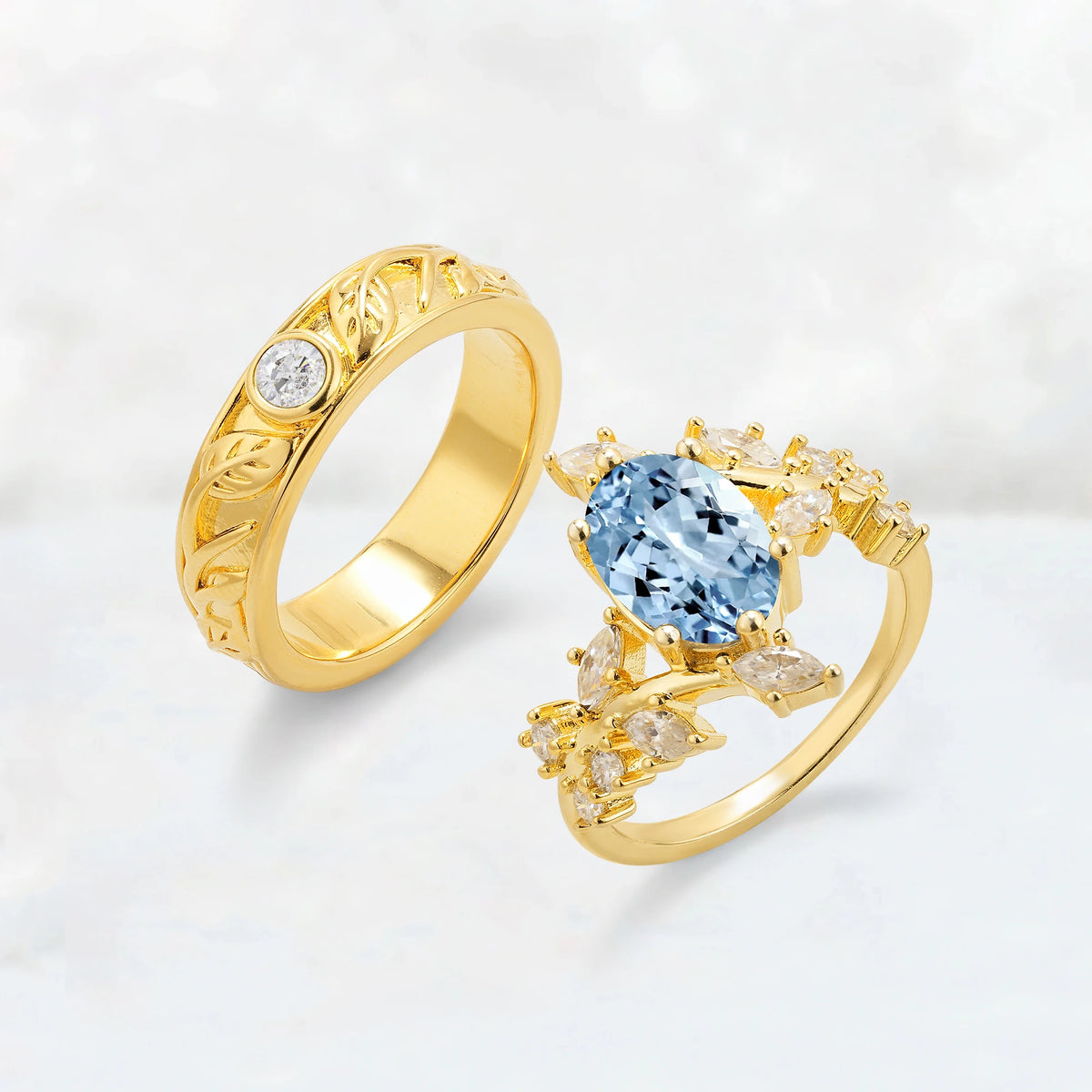 Nature-Inspired Oval Aquamarine Leaf His and Hers Couple Ring