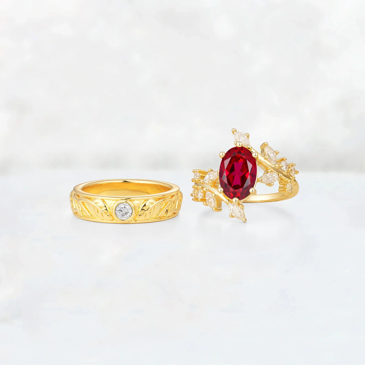 Nature-Inspired Oval Ruby Leaf His and Hers Couple Ring