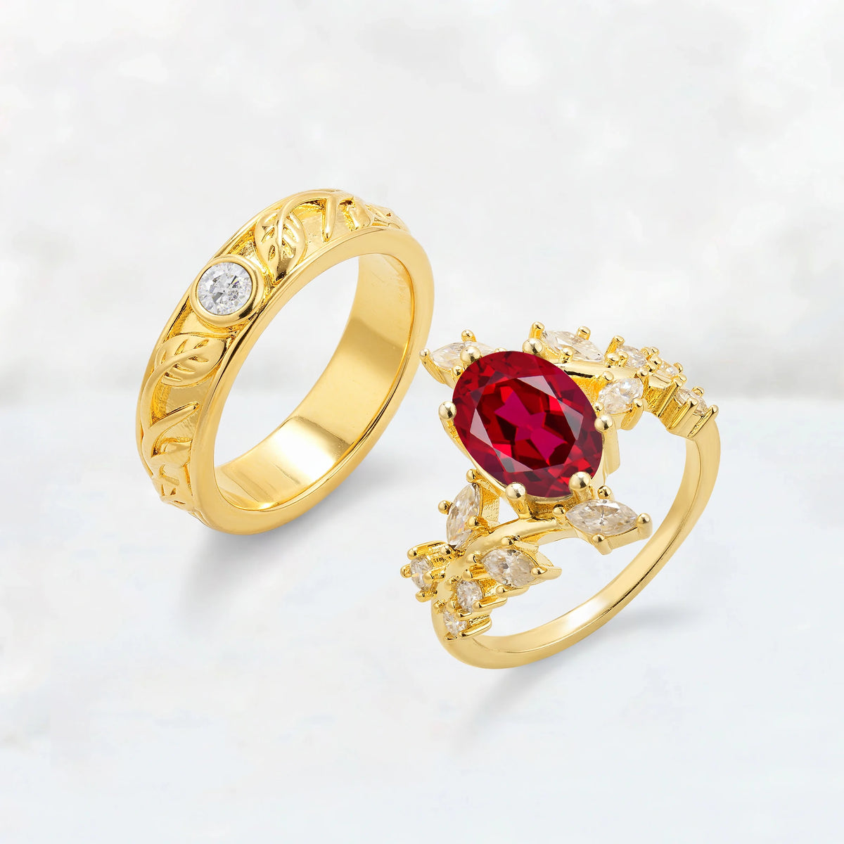 Nature-Inspired Oval Ruby Leaf His and Hers Couple Ring